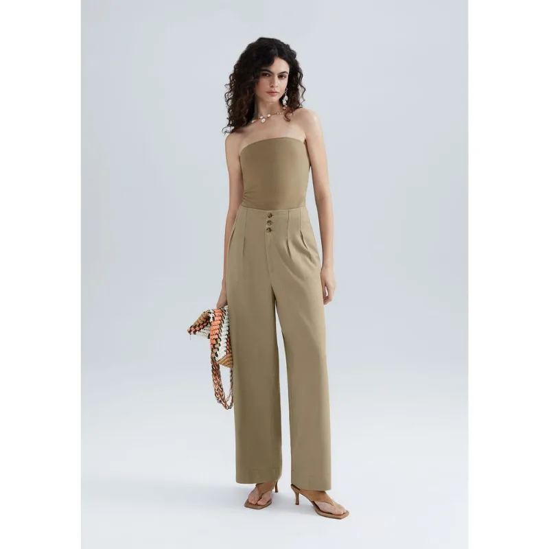 Calça Feminina Pantalona Cintura Alta Com Linho - Caqui 040