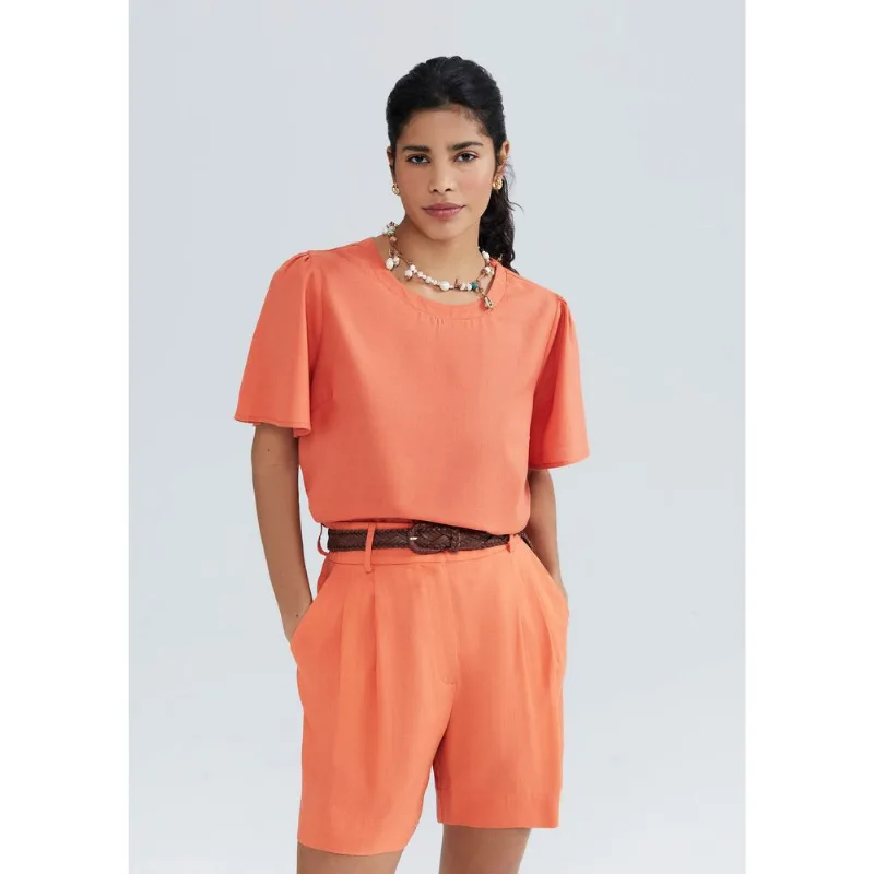 Blusa Feminina Manga Godê Com Linho - Laranja P