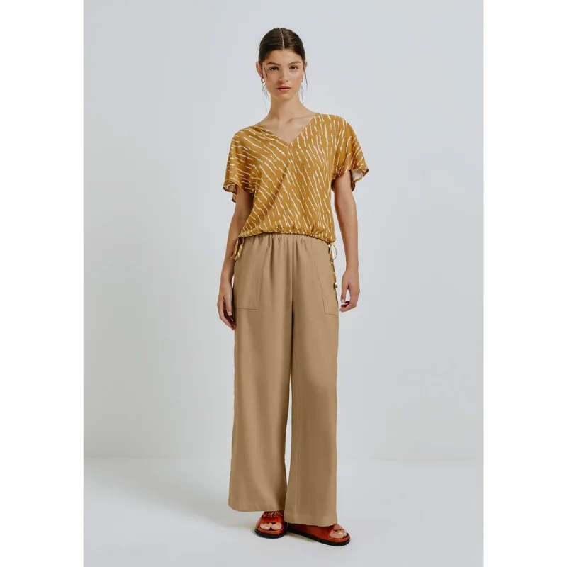 Calça Feminina Reta Cintura Alta Com Linho - Marrom XG
