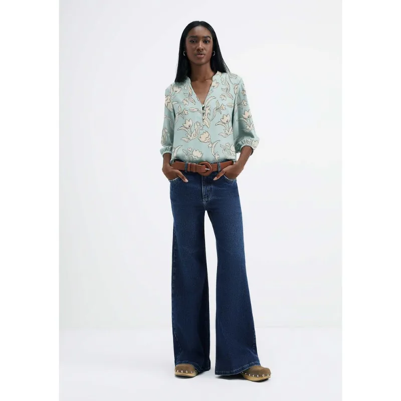 Calça Jeans Feminina Pantalona Cintura Alta Com elastano - Azul 046