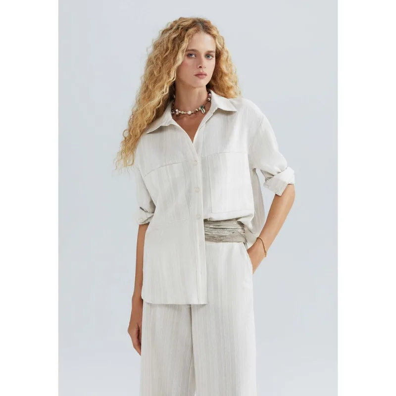 Camisa Feminina Manga Longa Com Linho - Off white XP