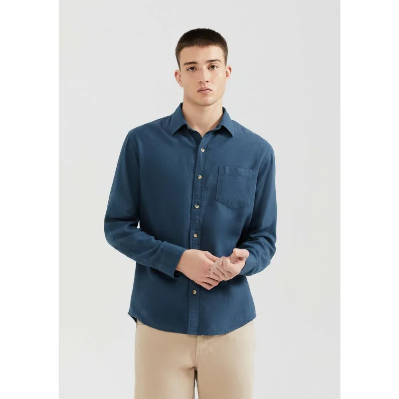 Camisa Básica Masculina Manga Longa Slim Em Linho - Azul M