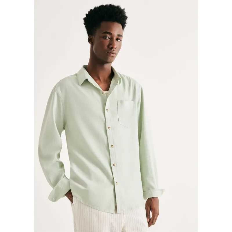 Camisa Básica Masculina Manga Longa Slim Em Linho - Verde G