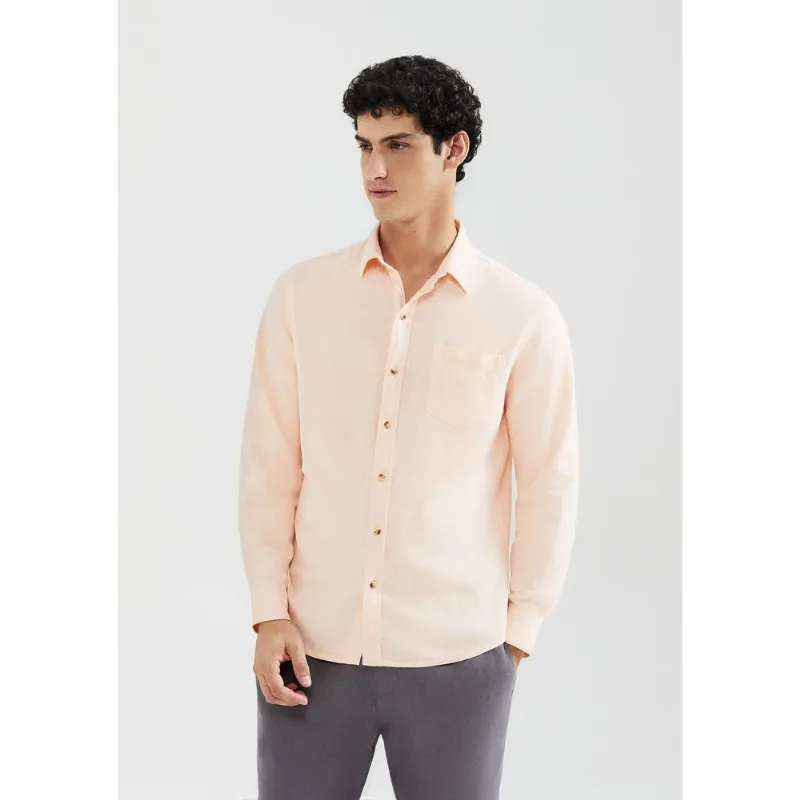 Camisa Básica Masculina Manga Longa Slim Em Linho - Rosa G