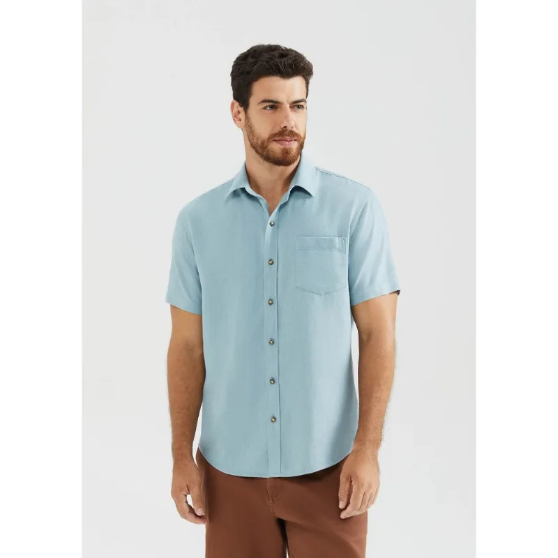 Camisa Básica Masculina Manga Curta Slim Em Linho - Azul G