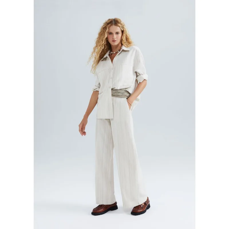 Calça Feminina Pantalona Cintura Alta Com Linho - Off white 044