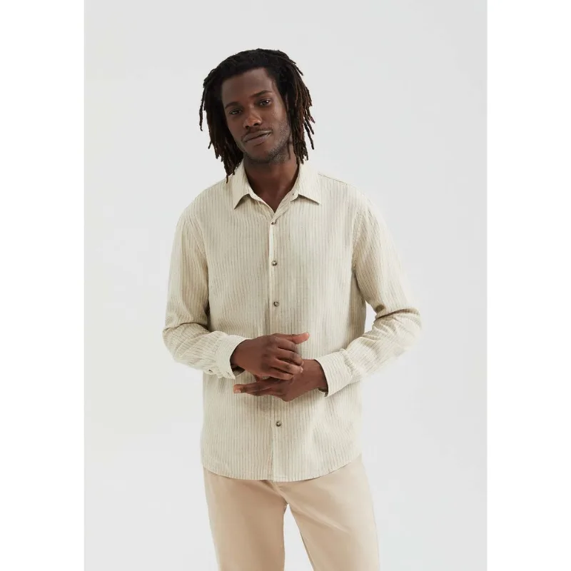 Camisa Masculina Manga Longa Listrada Em Linho - Bege M