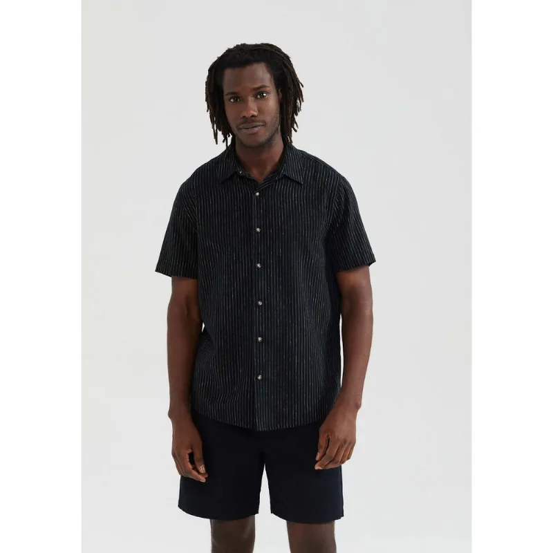 Camisa Masculina Manga Curta Fio Tinto Listrada Em Linho - Preto P