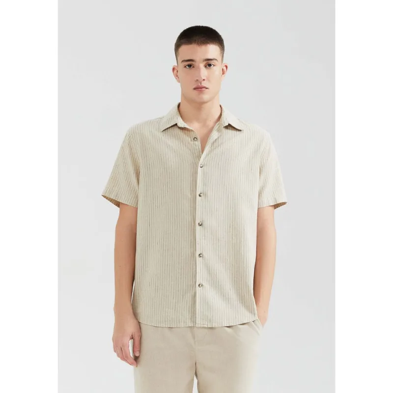 Camisa Masculina Manga Curta Fio Tinto Listrada Em Linho - Bege XXG