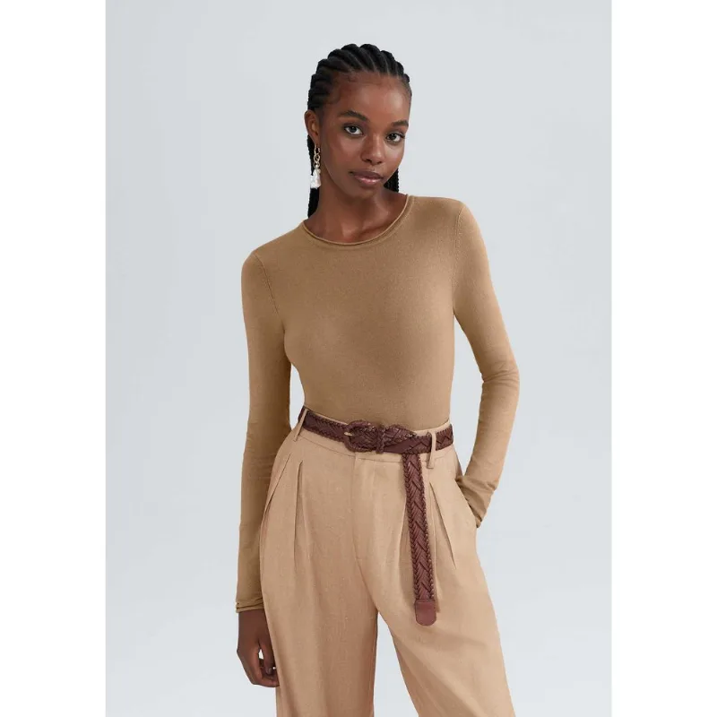 Blusa Feminina Manga Longa Slim Em Tricô Leve - Marrom G