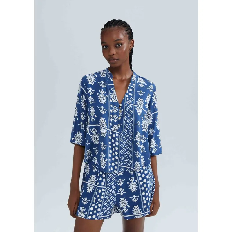 Blusa Feminina Estampada Decote V Manga Bufante - Azul XG