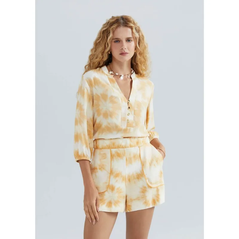Blusa Feminina Estampada Decote V Manga Bufante - Amarelo P