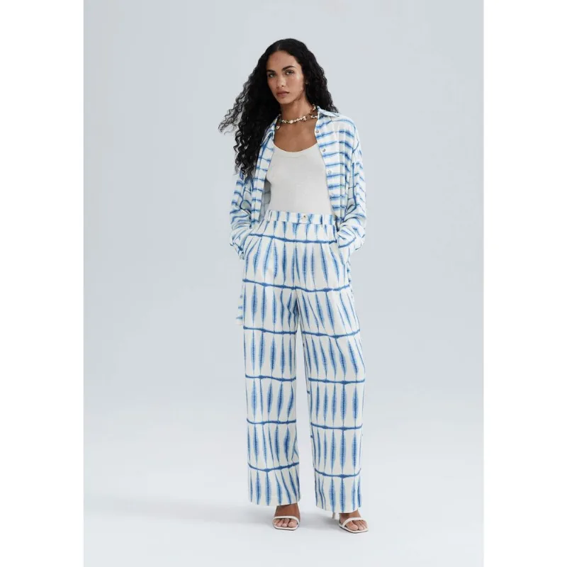 Calça Feminina Reta Estampada Cintura Alta Com Linho - Azul 038