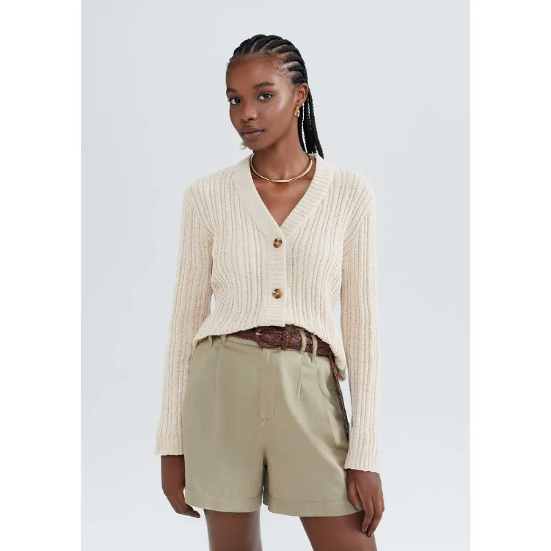 Cardigan Feminino Decote V Em Tricô - Nude G