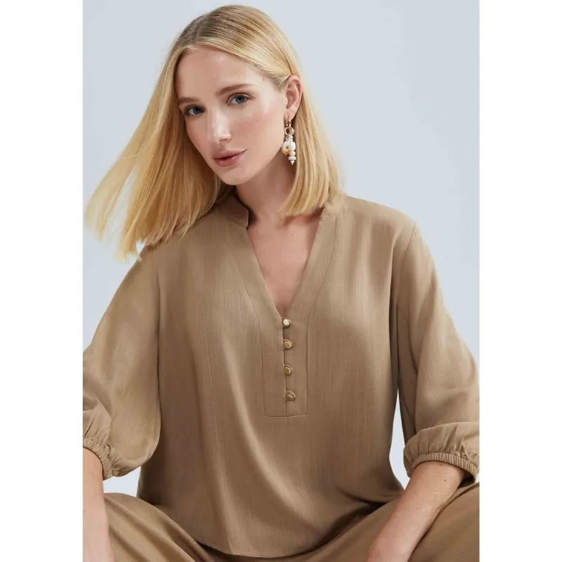 Blusa Básica Feminina Manga 7/8 Bufante - Caqui XP