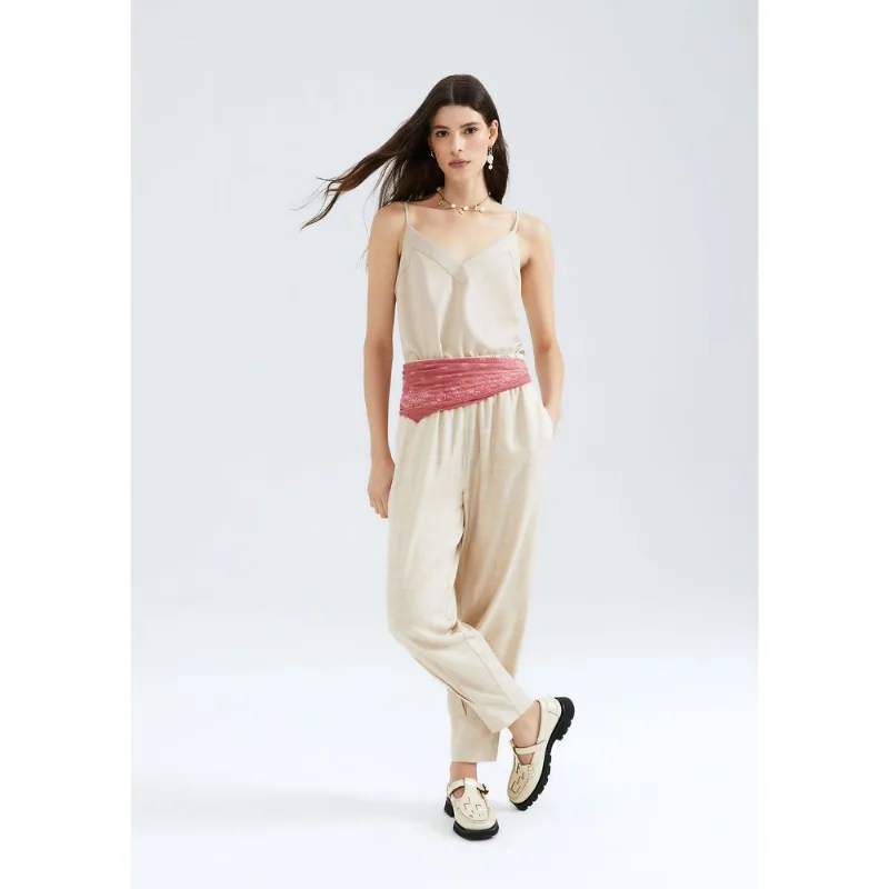 Calça Feminina Slouchy Cintura Alta Em Viscolinho - Bege P