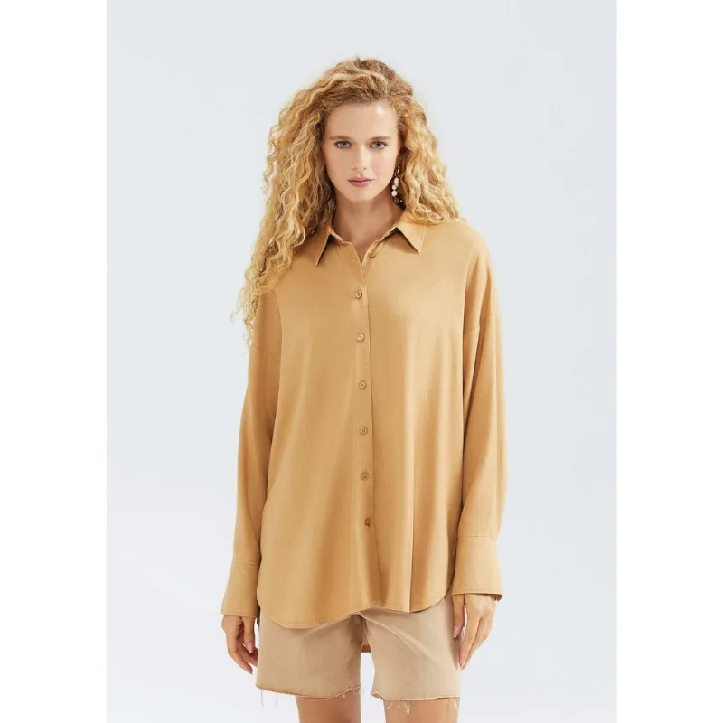 Camisa Feminina Alongada Manga Longa Com Linho - Bege P