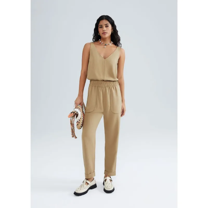 Calça Feminina Carrot Cintura Alta Em Viscose Creponada - Caqui P