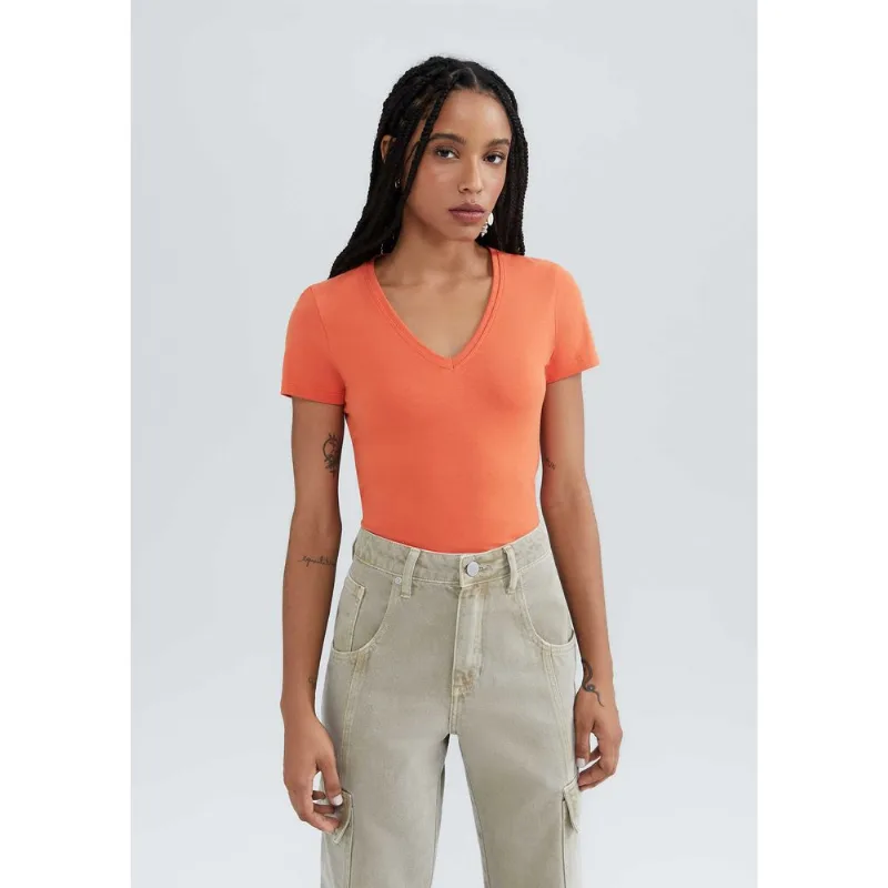 Blusa Básica Feminina Slim Decote V - Laranja XG