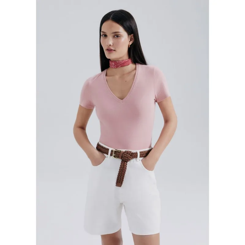 Blusa Básica Feminina Slim Decote V - Rosa EXG