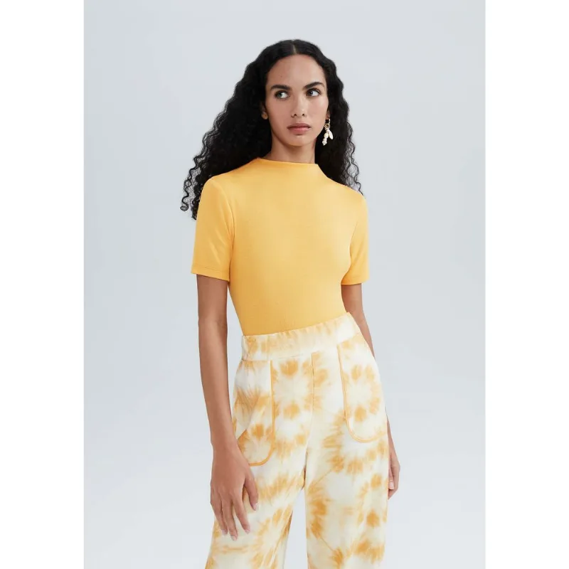 Blusa Básica Feminina Gola Alta Em Ribana Canelada - Laranja P