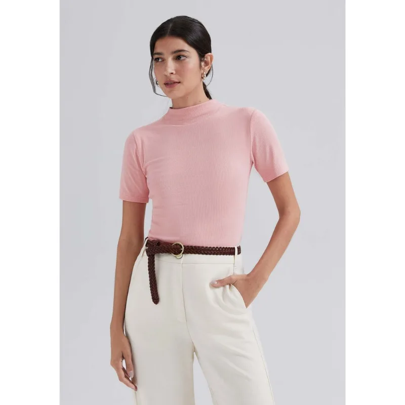 Blusa Básica Feminina Gola Alta Em Ribana Canelada - Rosa G