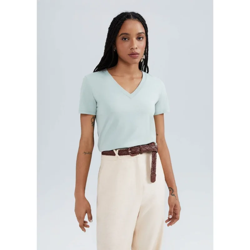 Blusa Básica Feminina Manga Curta Decote V - Verde M