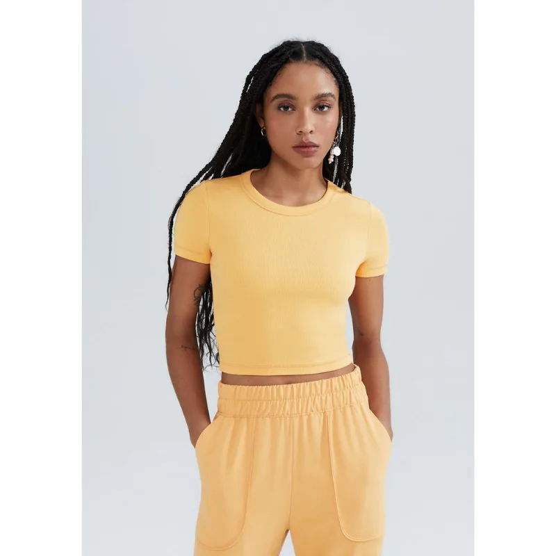 Blusa Básica Feminina Cropped Em Ribana Canelada - Laranja M