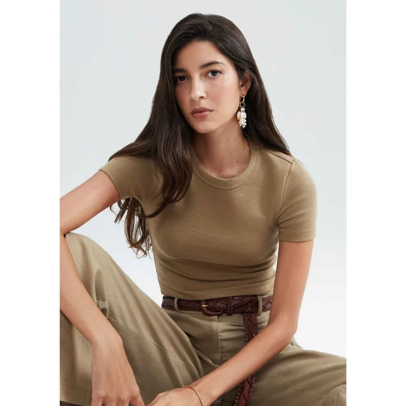 Blusa Básica Feminina Cropped Em Ribana Canelada - Caqui P