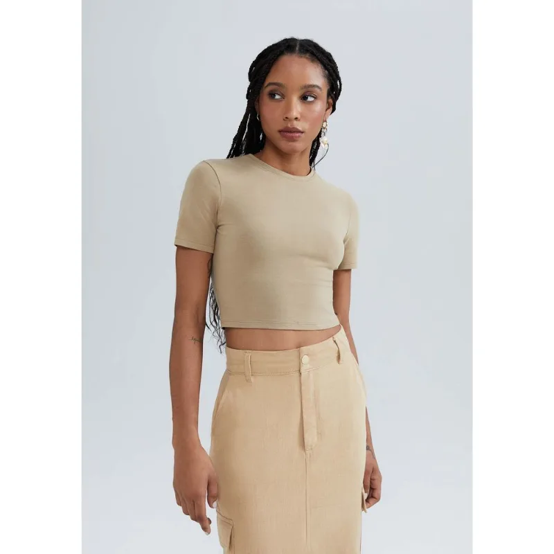 Blusa Feminina Cropped Manga Curta Com Elastano - Caqui P