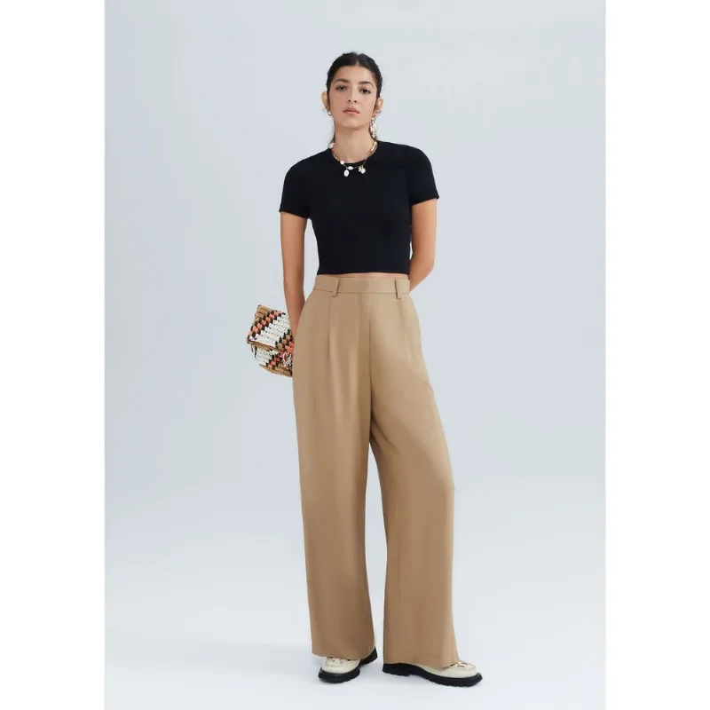 Calça Feminina Pantalona Em Alfaiataria Com Linho - Caqui 036