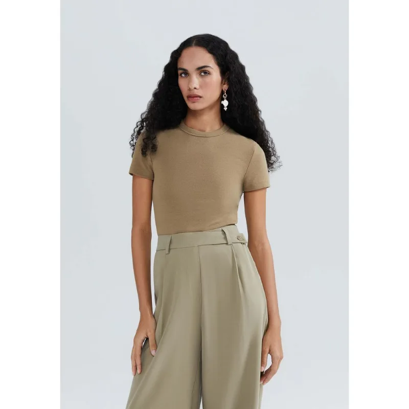 Blusa Feminina Manga Curta Slim Em Ribana - Caqui XG