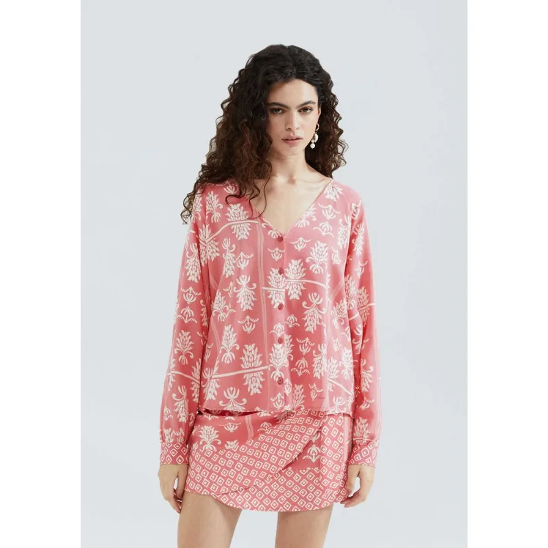 Blusa Feminina Manga Longa Estampada Em Viscolinho - Vermelho XP