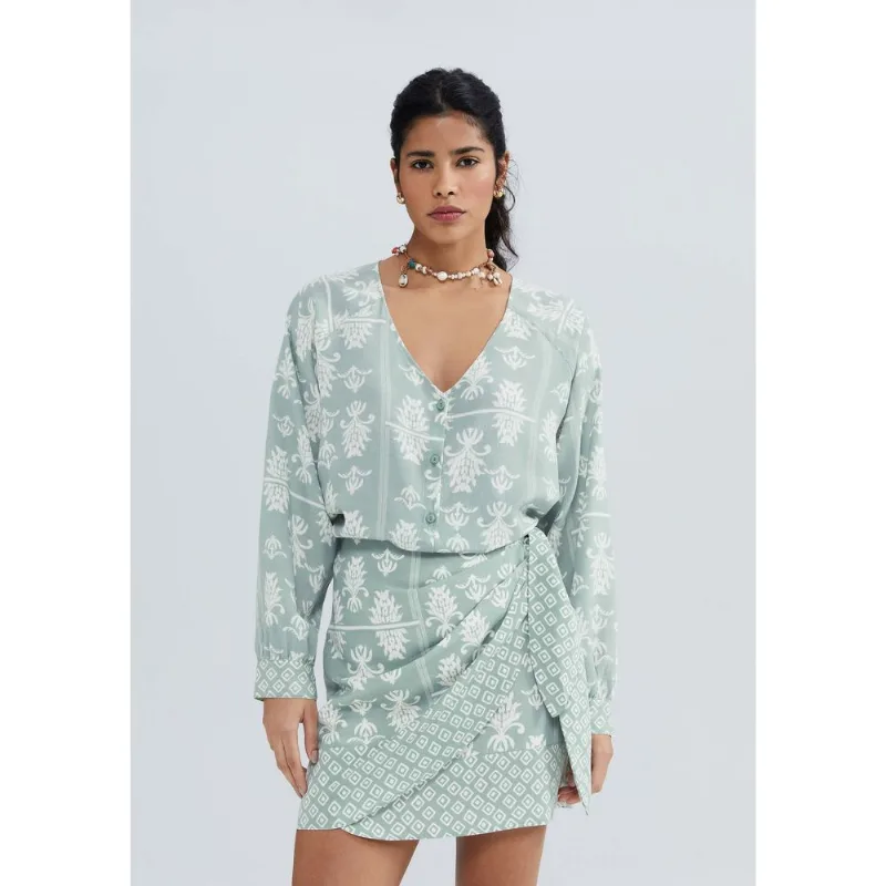 Blusa Feminina Manga Longa Estampada Em Viscolinho - Verde XP