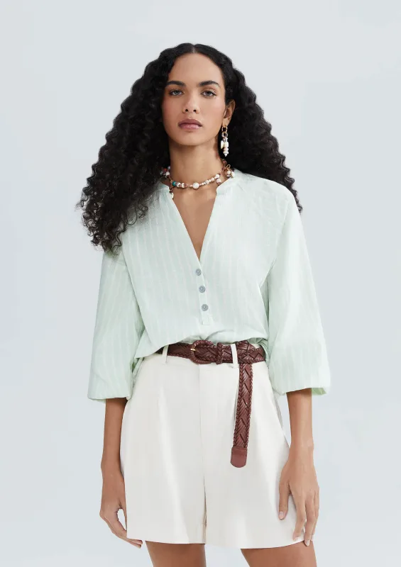 Blusa Feminina Listrada Manga 7/8 Com Botões - Verde - Hering Adulto - Blusas
