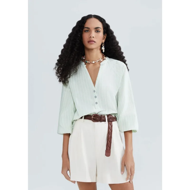 Blusa Feminina Listrada Manga 7/8 Com Botões - Verde M