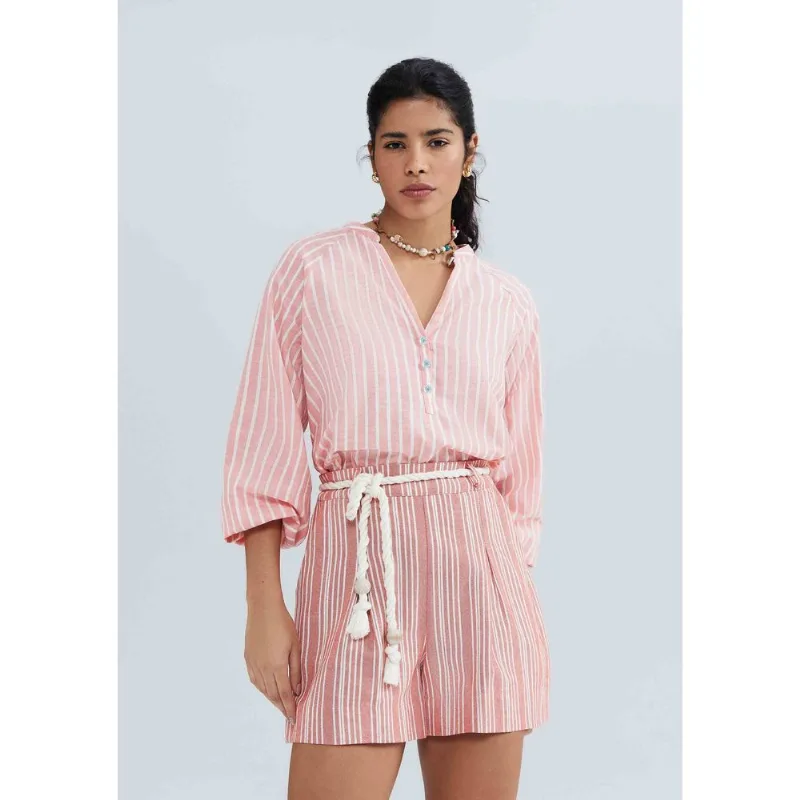 Blusa Feminina Listrada Manga 7/8 Com Botões - Vermelho M