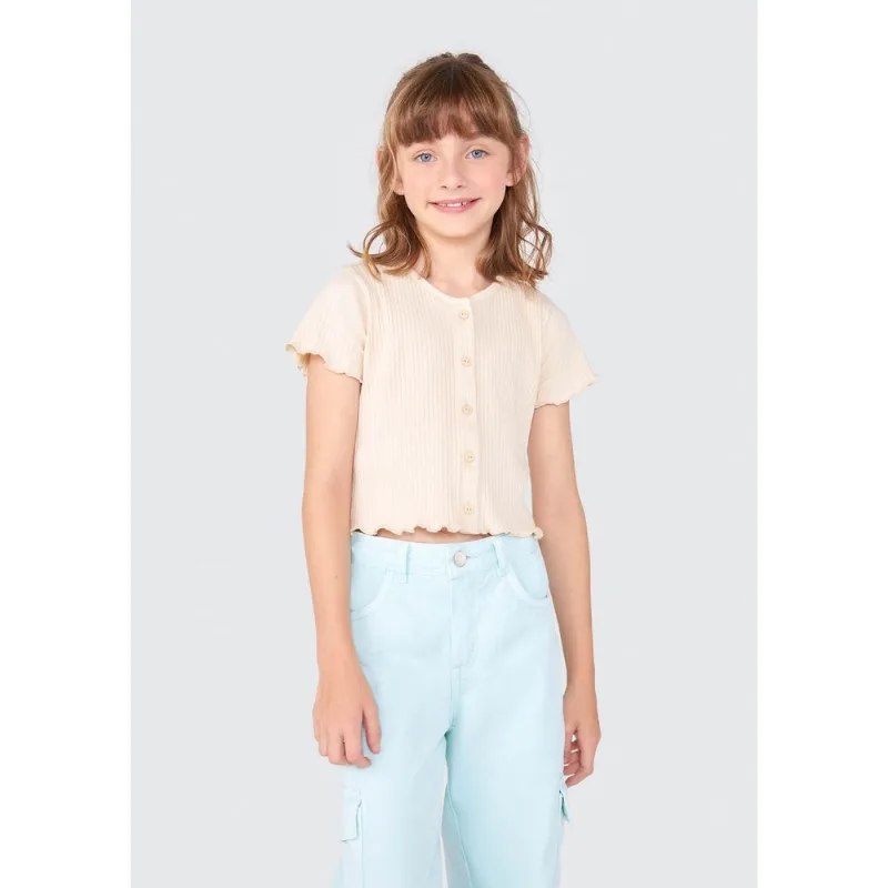 Blusa Cropped Infantil Menina Com Botões Florais - Marrom 012