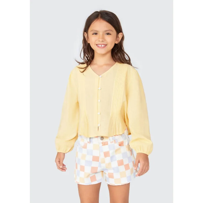 Blusa Infantil Menina Manga Longa Com Linho - Amarelo 006