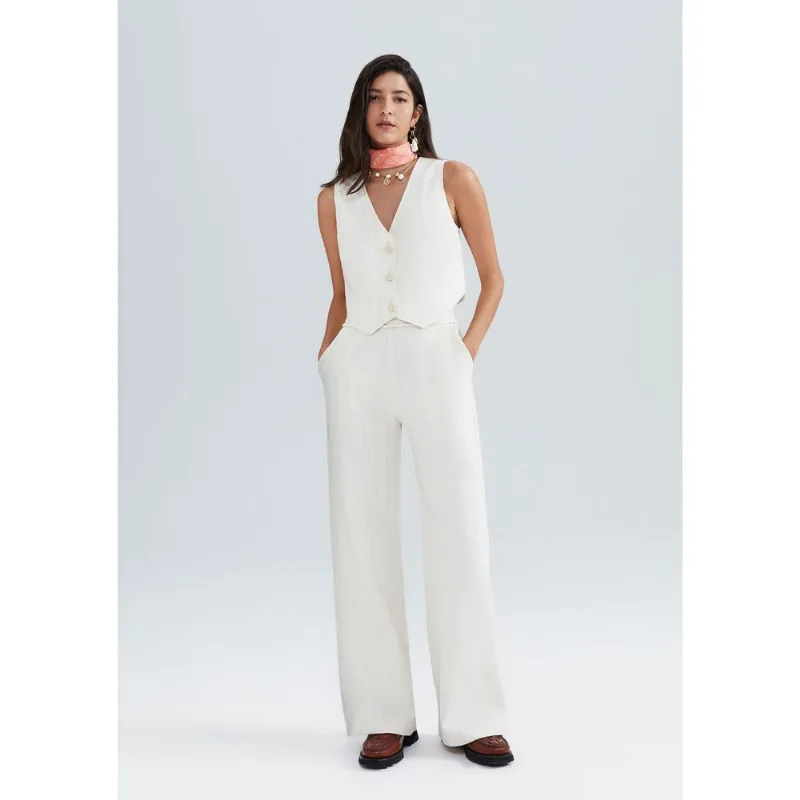 Calça Feminina Pantalona Cintura Alta Com Linho - Off white P