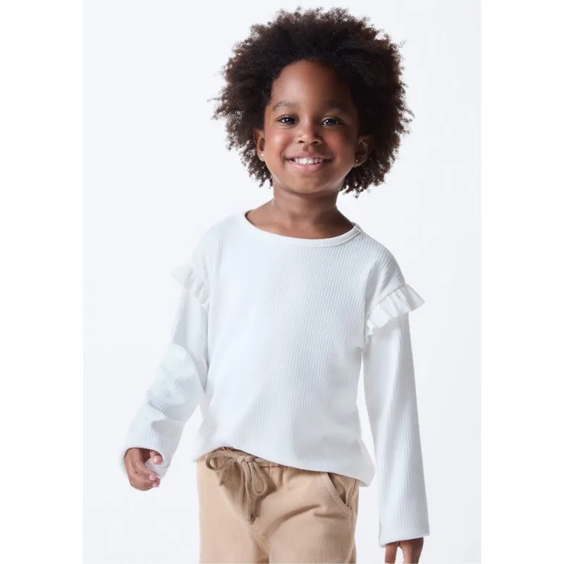 Blusa Básica Infantil Menina Toddler Com Babados - Off white 003