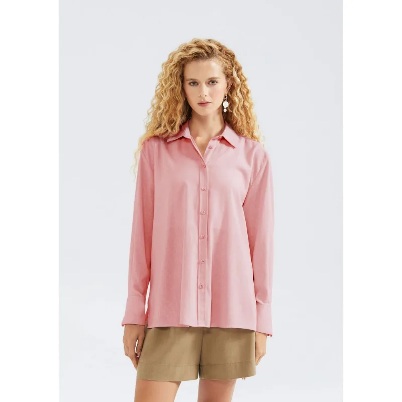 Camisa Feminina Ampla Manga Longa Com Linho - Rosa P