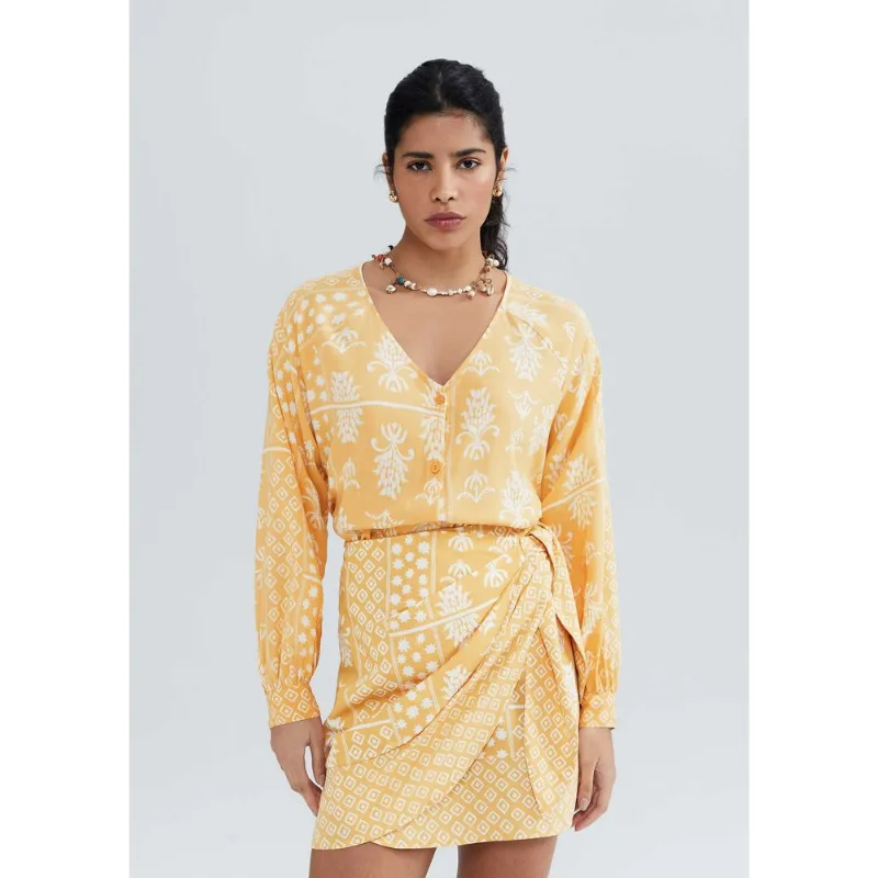 Blusa Feminina Manga Longa Estampada Em Viscolinho - Amarelo XP