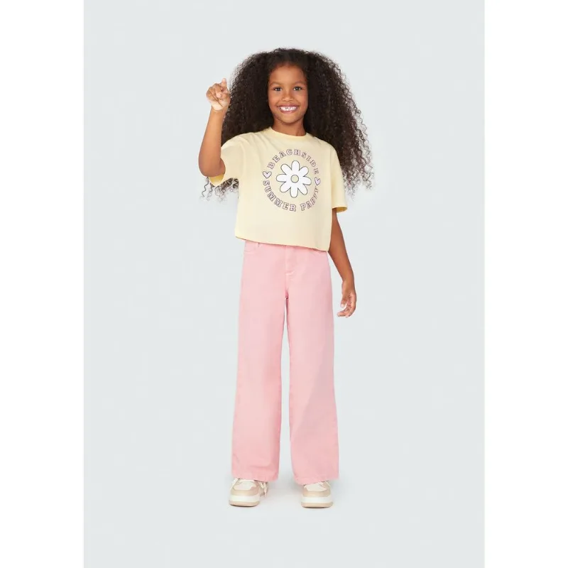 Calça Infantil Menina Wide Leg Em Sarja - Rosa 014