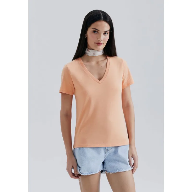 Blusa Básica Feminina Manga Curta Decote V - Laranja G