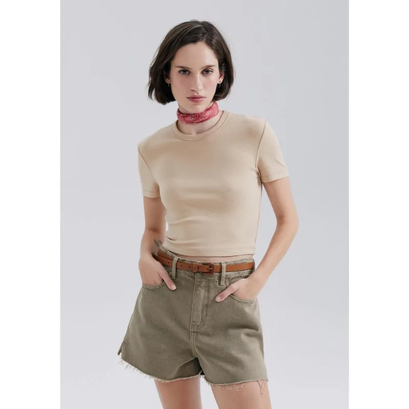 Blusa Básica Feminina Cropped Em Ribana Canelada - Bege XG