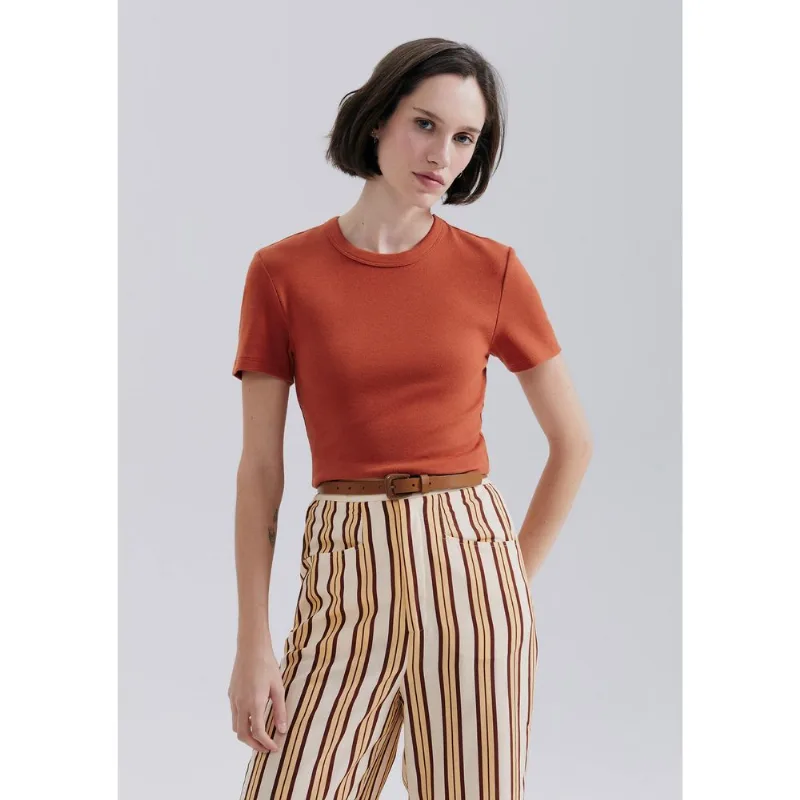 Blusa Feminina Manga Curta Slim Em Ribana - Marrom M