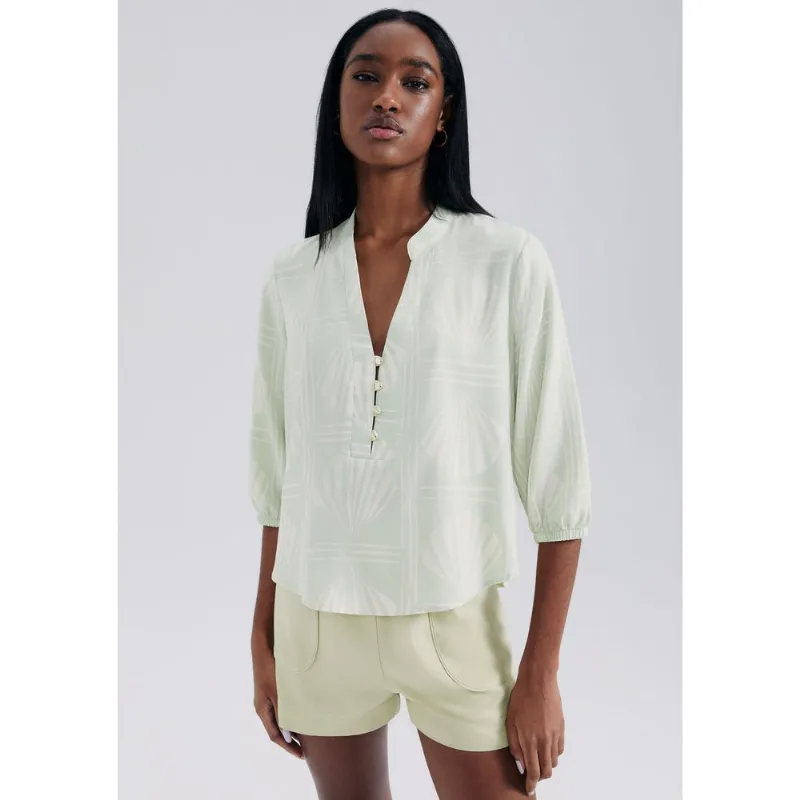 Blusa Feminina Estampada Decote V Manga Bufante - Verde M