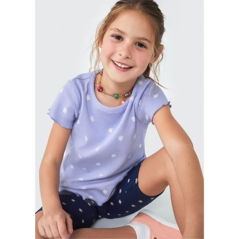 Blusa Infantil Menina Manga Curta Em Ribana Estampada - Azul 012
