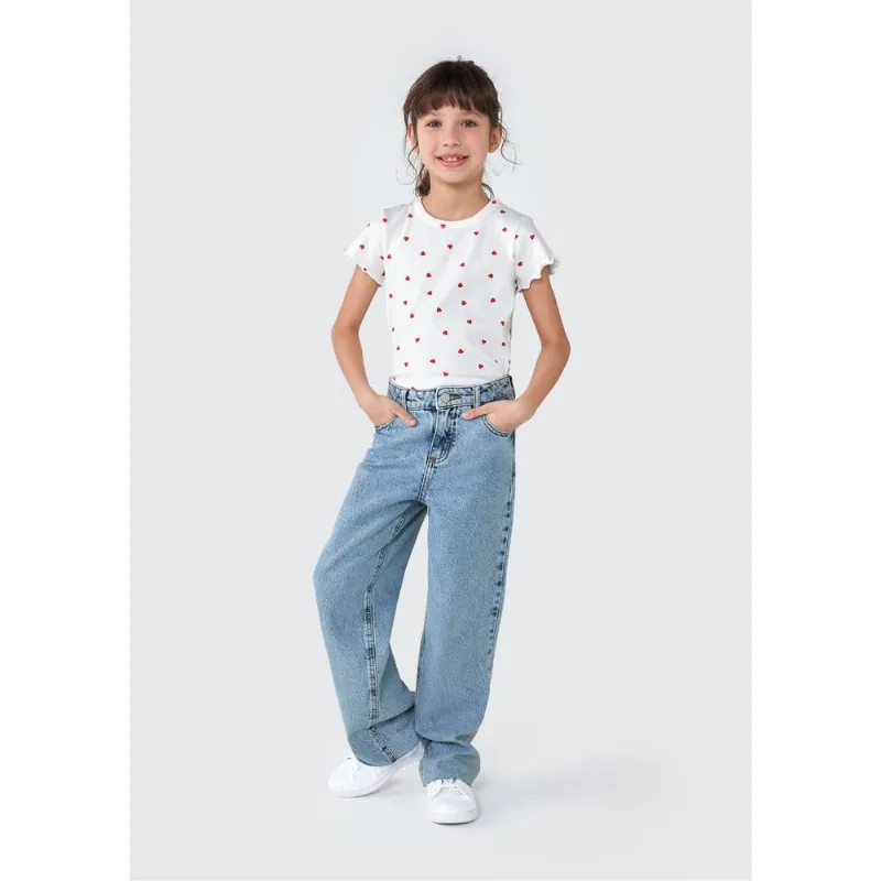 Blusa Infantil Menina Manga Curta Em Ribana Estampada - Off white 008